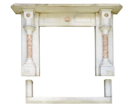 A Victorian Carrara marble chimneypiece, with cut cornered shelf and breccia marble pillars before plain jambs, and a contemp