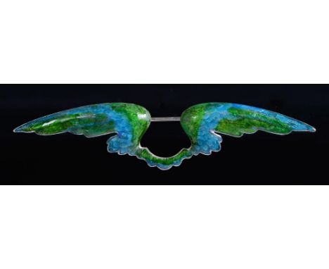 Child and Child. A silver and guilloche enamel 'wings' brooch, 1891-1915, 98mm, 16.8g, in the maker's original shaped green l