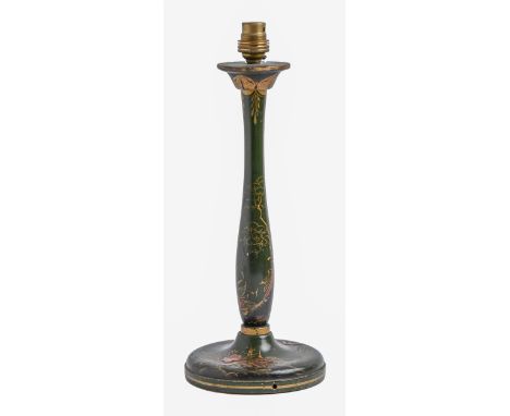 A green japanned table lamp, c1930, on weighted foot, 33cm h excluding bulb holder Light wear