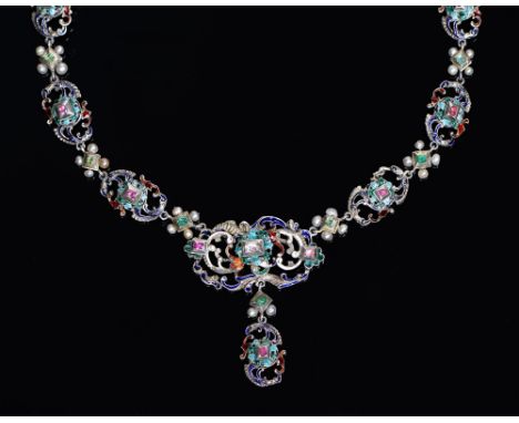 An Austro Hungarian emerald, diamond and pearl&nbsp;revivalist&nbsp;jewelled silver and enamel necklace, late 19th c, of scro