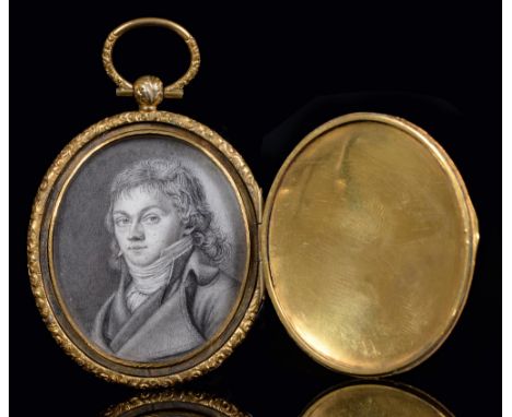 French School, late 18th c - Portrait Miniature of a Young Man, graphite on parchment, oval, 43mm, in contemporary chased and