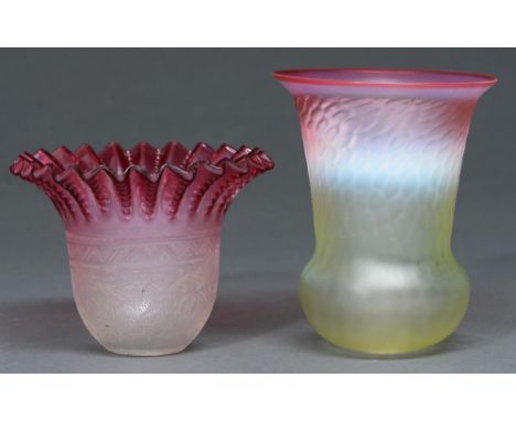 An Edwardian cranberry tinted oval semi opalescent glass electric lampshade and a contemporary cranberry frilled and acid etc