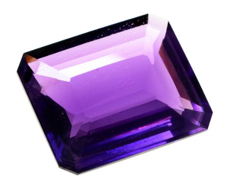 An unmounted step cut amethyst, 37 x 44mm, 200ct &nbsp;A Private Collection of Jewellery, lots 300-345 Of pleasing saturated 