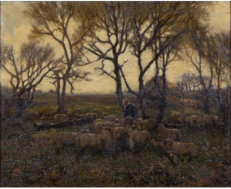 John Rabone Harvey (1866-1933) - A Shepherd and his Flock, signed, oil on canvas, 42cm x 32cm, gilt composition frame General