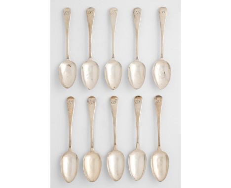 A set of ten George IV silver teaspoons, Old English pattern, by William Chawner, London 1827, 6ozs 11dwts Light wear consist