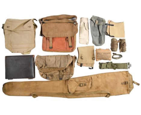 Miscellaneous WWII British Army clothing, a WWI canvas satchel and a plated metal framed leather writing case, inscribed to M
