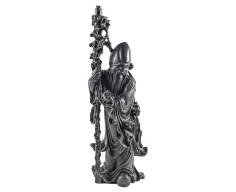 A Chinese rosewood figure of Shouxing, c1930,&nbsp; inlaid with silver wire, 80cm h excluding lamp holder Pld accretion of du