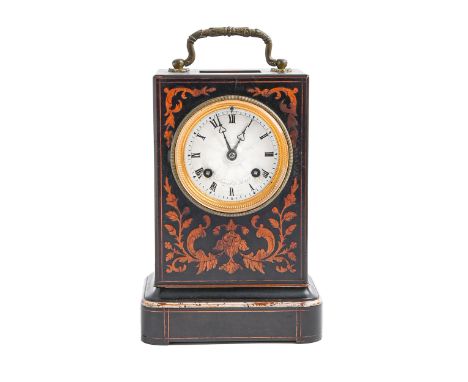 A French ebonised, inlaid and penwork decorated clock, Duval a Paris, c1850,&nbsp;with engine turned and silvered dial, pierc