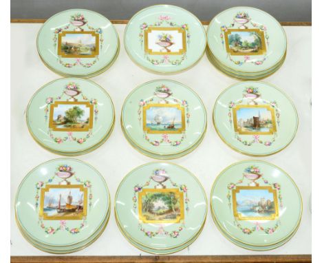 A Mintons bone china dessert service, 1874,&nbsp;the plates painted with rectangular etched gilt framed landscape panel, appa