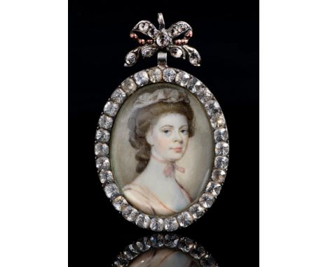 English School, late 18th c - Portrait Miniature of a Young Woman, with light brown hair in a lace cap tied by a pink ribbon,