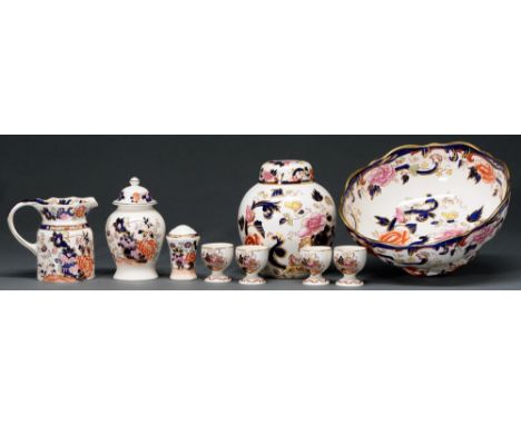 A Mason's Ironstone Mandalay pattern bowl, jug, two jars and covers, four egg cups and a pepper pot, late 20th c, bowl 26cm d