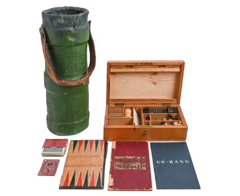 A painted linen and cork cordite bucket, 20th c, 52cm h excluding leather handle and a light wood games compendium, the fitte