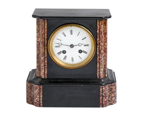 A marble and noir belge mantel clock, late 19th c, with bell striking movement, pendulum, 22cm h Good condition, case not chi