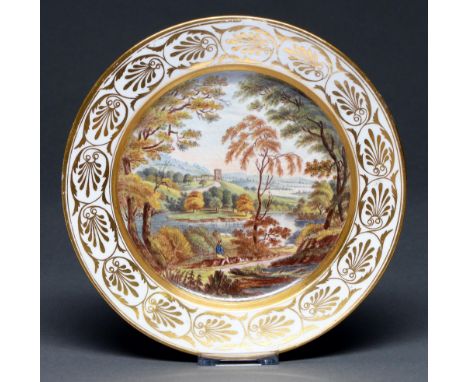 An English porcelain plate,&nbsp;probably Coalport, possibly outside decorated, c1807,&nbsp;painted with a shepherd in a wood