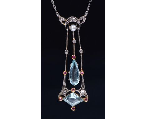 A Russian aquamarine, diamond, pearl and ruby pendant, with larger lozenge and pear shaped aquamarines, in platinum and gold,