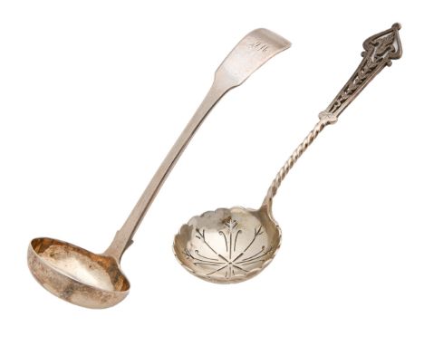 A Scottish William IV silver toddy ladle,&nbsp;&nbsp;Fiddle pattern, by William Marshall, Edinburgh 1834 and a sugar sifter, 