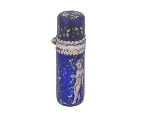 A French silver and Limoges enamel scent bottle, late 19th c,&nbsp; painted with a child and flowers on a deep blue ground, s
