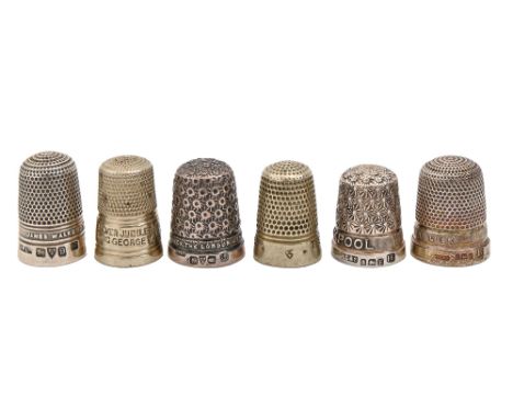 Four silver and two nickel brass inscribed or commemorative thimbles, late Victorian-George V, one advertising JAMES WALKER T