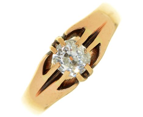 A diamond ring,&nbsp; with cushion shaped old cut diamond, in gold, marked 18ct, 4.5g, size P Back inclusion visible under 10