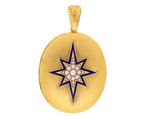 A Victorian gold locket, with split pearl set gold and blue enamel star to the front, 43mm h, 22.7g Good condition