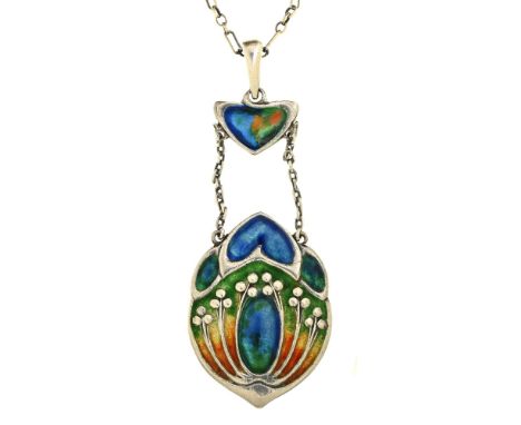 Murrle, Bennett &amp; Co. A Jugendstil silver and enamel pendant, early 20th c, 57mm h, maker's mark and SILVER and a silver 