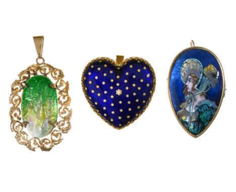 Three French giltmetal and enamel pendants,&nbsp; heart shaped example 38mm h, two signed on the counter enamel Faure or C Fa