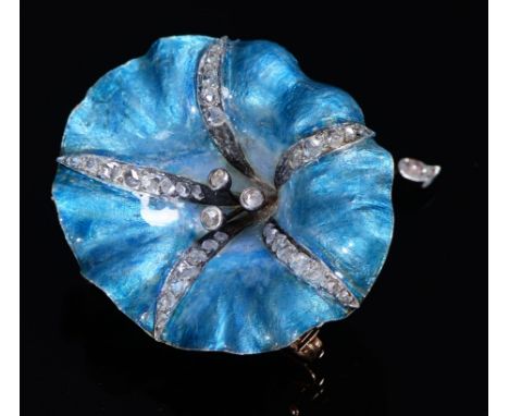 Henri Vever. An Art Nouveau diamond and gold and translucent blue enamel flower brooch, c1900, 35mm, lozenge shaped maker's m