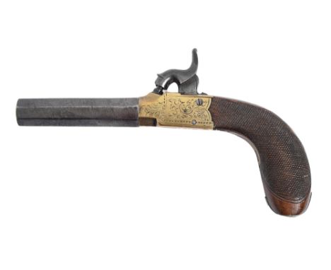 An English 50 bore percussion pocket pistol, with 3” octagonal turn-off barrel, foliate engraved brass lock and tang, the und