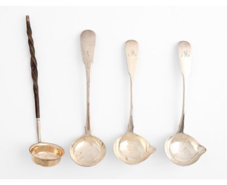 A pair of Irish George III silver sauce ladles, Fiddle pattern, initialled M, by Samuel Neville, Dublin 1815, a Scottish Geor