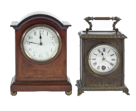A mahogany and broken line inlaid mantle clock, c1910, in breakarched case, French movement, 21cm h and a French brass timepi