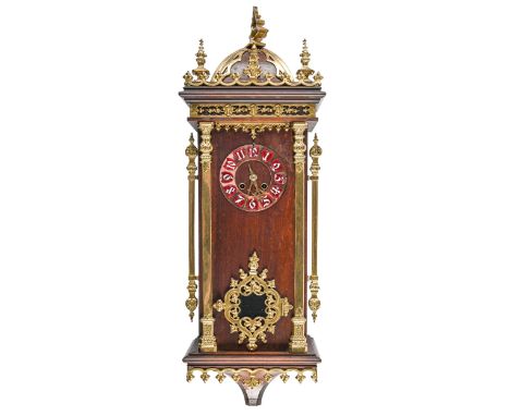 A French mahogany wall clock, c1900, with lacquered brass mounts and copper chapter ring with shield shaped enamel numerals p