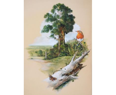 Robert Coppillie (1951-) - A Robin and a Goldfinch in&nbsp; Countryside Landscapes,&nbsp;pair, signed and dated 1980, waterco