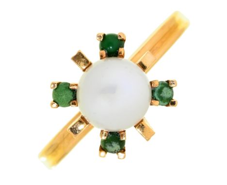 A cultured pearl and green stone ring,&nbsp; in gold, indistinctly control marks, 3.6g, size L Good condition