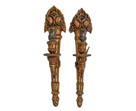A pair of giltwood&nbsp; single light sconces, early 20th c, in the form of a flower filled torch, 35cm h Two small holes and