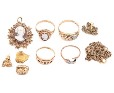 A Victorian 15ct gold ring, three other gold rings, various gem set, various sizes and miscellaneous other gold articles incl