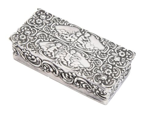 An Elizabeth II silver snuff box, die stamped with flowers and C-scrolls, 68mm l, by DSM,&nbsp; Birmingham 1975, 1oz 7dwts Go