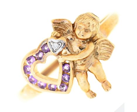 An amethyst and diamond cherub-and-heart ring, in 9ct gold, 2.8g, size U½ Good condition