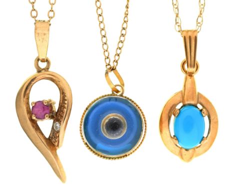 A ruby tear shaped openwork pendant, a cat’s eye pendant and a turquoise pendant, all in 9ct gold, on conforming necklet, 5.9