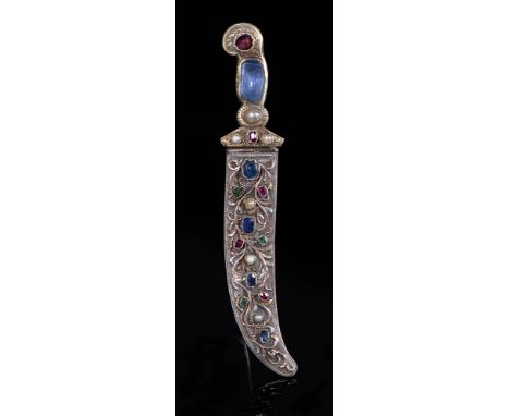 A multi gem set three colour gold and silver sheathed dagger brooch, 19th c, chased and applied with scrolling foliage on a t