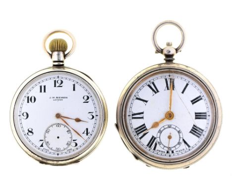 A silver keyless lever watch, J W Benson, London, Swiss movement, silver cuvette, 51mm diam, London 1937 and an earlier silve
