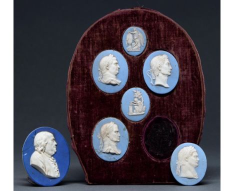 Five Wedgwood jasper portrait medallions and cameos, 19th c,&nbsp; classical subjects, oval, 50mm and smaller, impressed WEDG