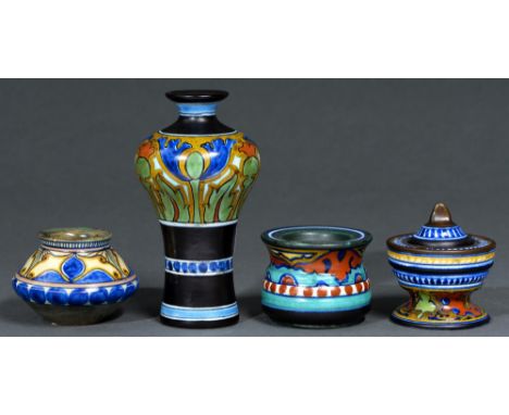 Two Gouda art pottery vases and two inkwells, one with cover, first half 20th c, larger vase 15cm h, painted marks Small vase