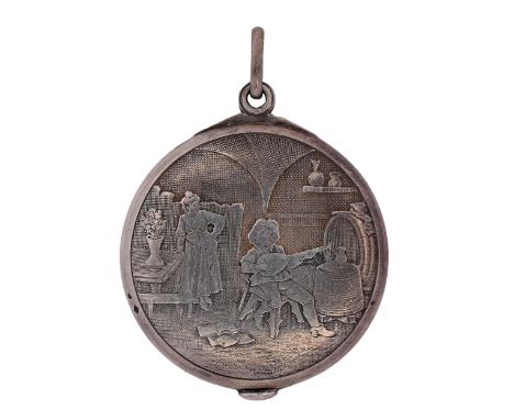A French silver swivel-opening compact, c1900, the lid etched with a cavalier and girl in a cellar, 50mm diam, maker's and co