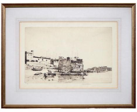 Kenneth Holmes OBE, ARCA (1906-1994) - Harbour Scene; A Riverside Fort, two, etchings with drypoint, both signed by the artis