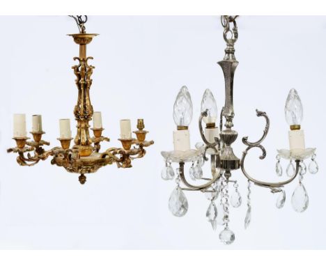 A silvered metal three light chandelier and a giltmetal six light chandelier, 44 and 56cm h Good condition