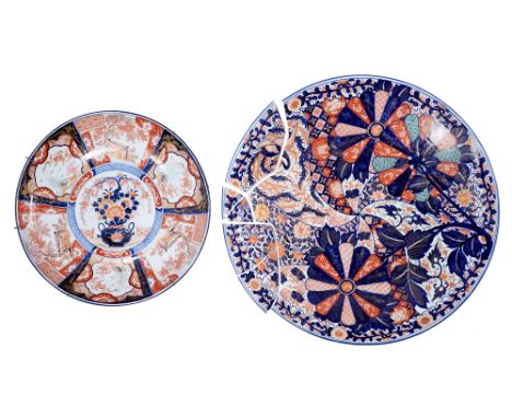 A Japanese Imari dish or plaque, Meiji period, 45.5cm diam and another, larger, but damaged (2) The first in good condition