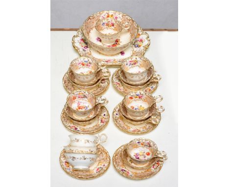 A Coalport tea and coffee service, c1835, of Adelaide shape, painted with flower sprays and gilt, pair of shaped square plate