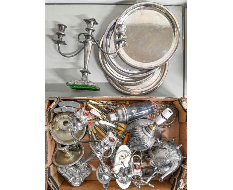 Miscellaneous plated ware, late 19th c and later, to include an oil lamp (converted), wax jack, candelabra, spirit kettle and