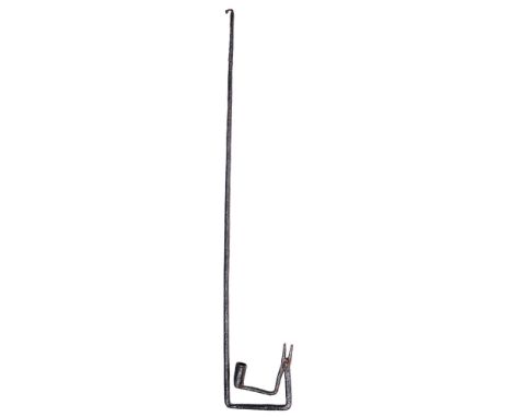 An English iron hanging rush nip and light, 18th c, 78cm h Old rust now black painted