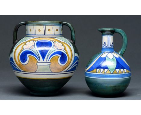 A Gouda art pottery vase and ewer, first half 20th c, 18 and 19cm h, incised numbers, painted DAMASCUS Good condition